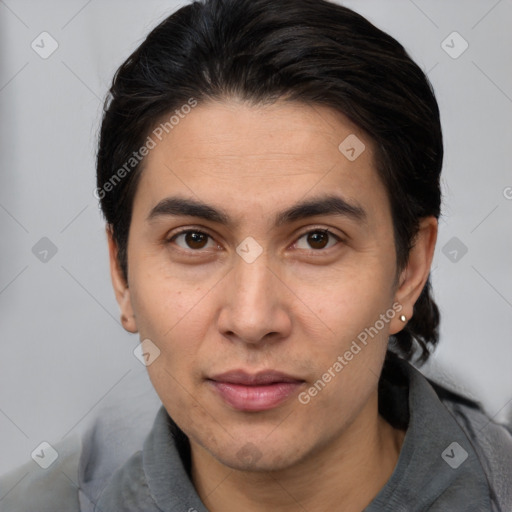 Joyful white adult male with medium  brown hair and brown eyes