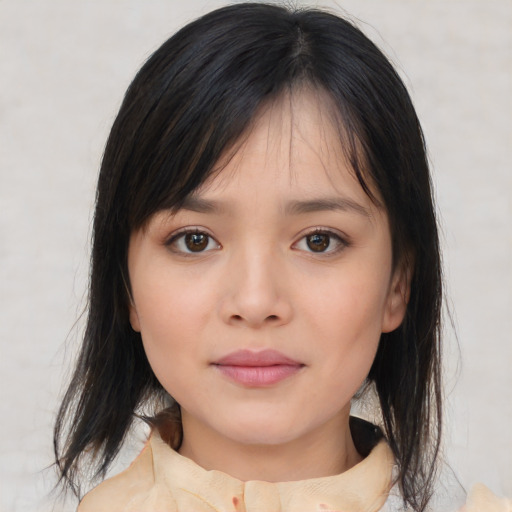 Neutral asian young-adult female with medium  black hair and brown eyes