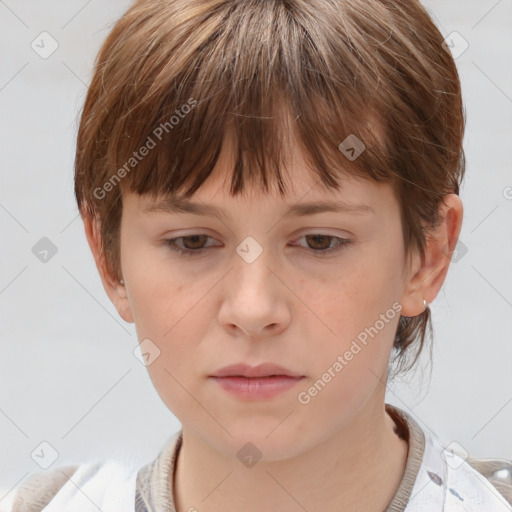 Neutral white young-adult female with medium  brown hair and grey eyes