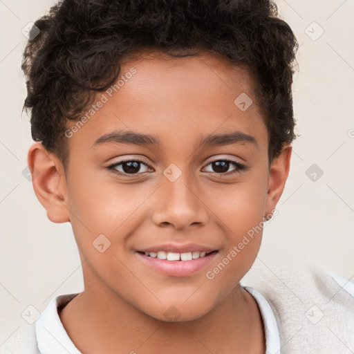 Joyful white child male with short  brown hair and brown eyes