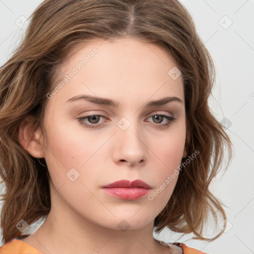 Neutral white young-adult female with medium  brown hair and grey eyes