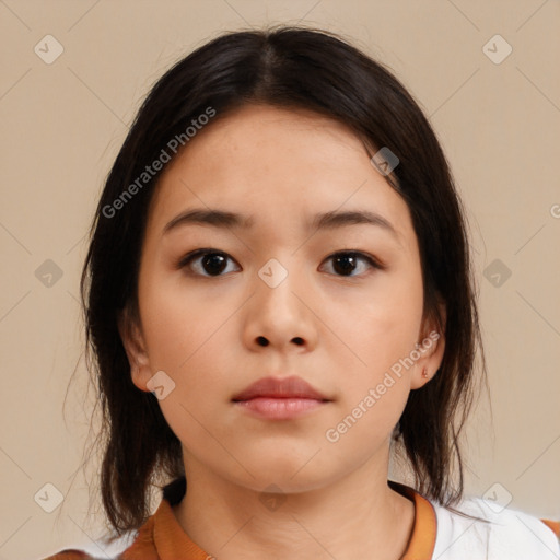Neutral asian young-adult female with medium  brown hair and brown eyes