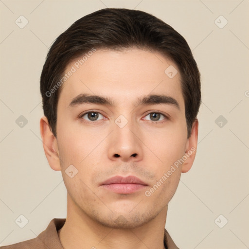 Neutral white young-adult male with short  brown hair and brown eyes