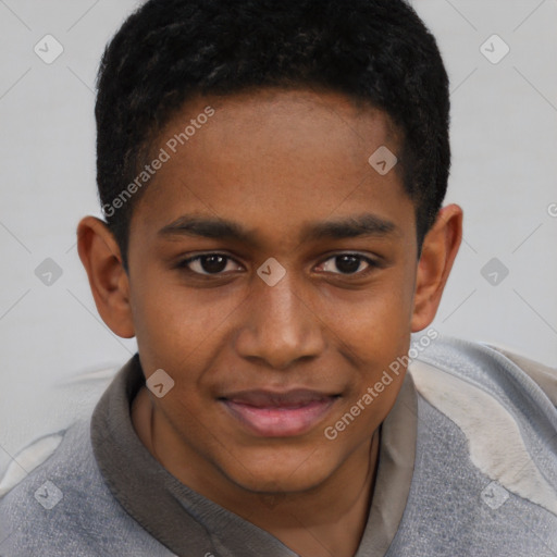 Joyful black young-adult male with short  brown hair and brown eyes