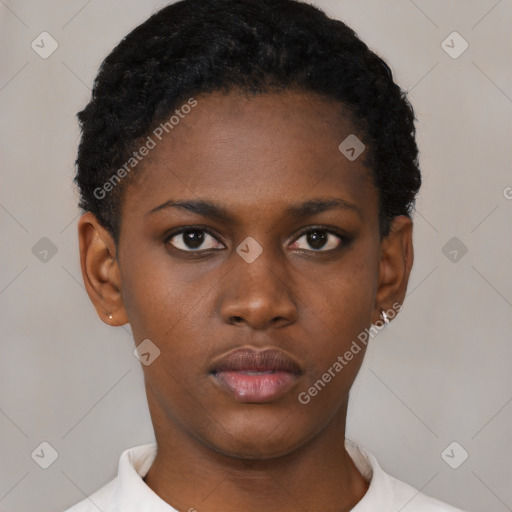 Neutral black young-adult female with short  black hair and brown eyes