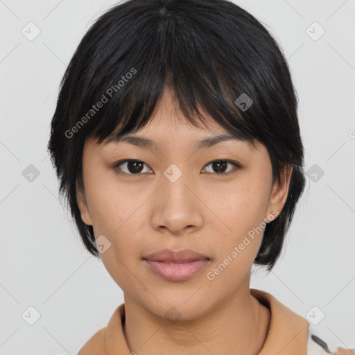 Neutral asian young-adult female with medium  brown hair and brown eyes