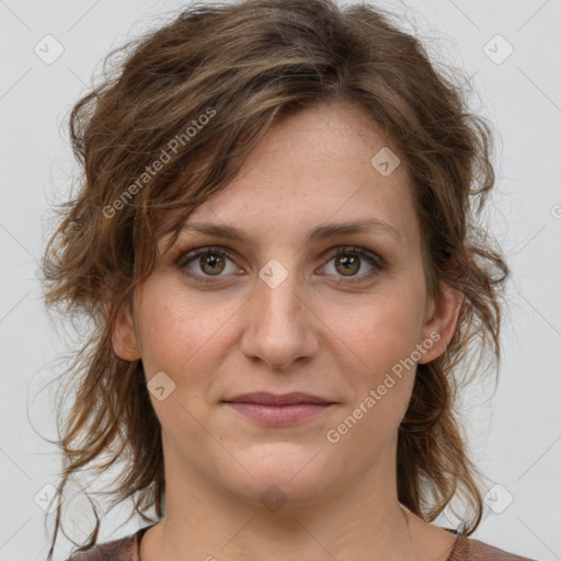 Joyful white young-adult female with medium  brown hair and green eyes