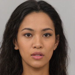 Neutral asian young-adult female with long  brown hair and brown eyes