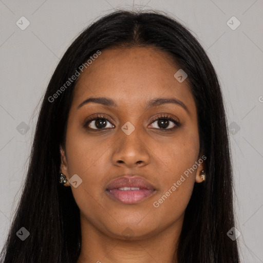 Joyful asian young-adult female with long  brown hair and brown eyes