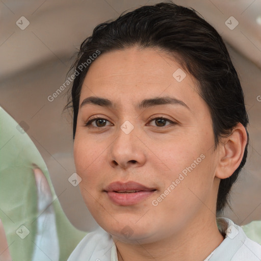 Joyful white young-adult female with medium  brown hair and brown eyes