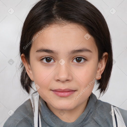 Joyful white child female with medium  brown hair and brown eyes