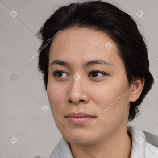 Neutral asian young-adult female with medium  brown hair and brown eyes