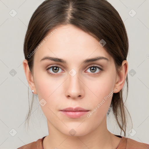 Neutral white young-adult female with medium  brown hair and brown eyes