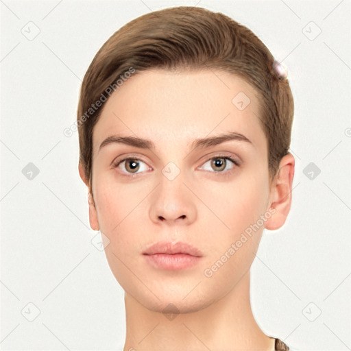 Neutral white young-adult female with short  brown hair and brown eyes