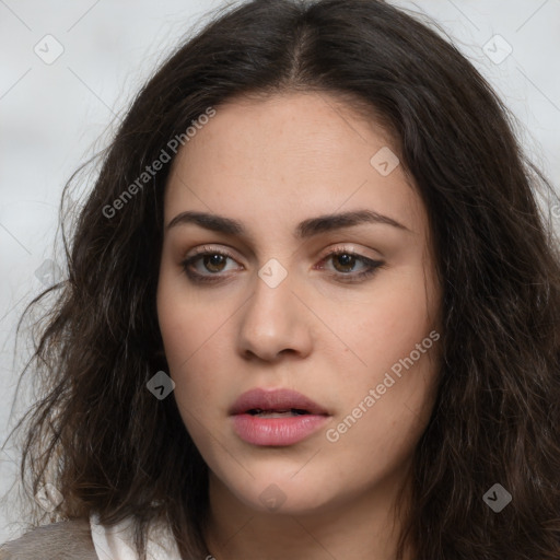 Neutral white young-adult female with long  brown hair and brown eyes