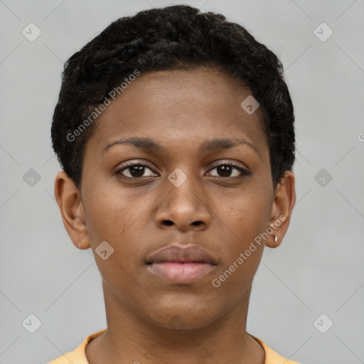 Neutral black young-adult female with short  brown hair and brown eyes