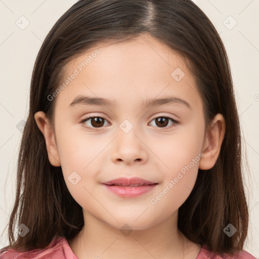 Joyful white child female with long  brown hair and brown eyes