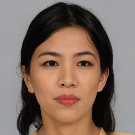 Neutral asian young-adult female with medium  black hair and brown eyes