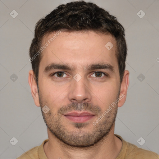 Neutral white young-adult male with short  brown hair and brown eyes