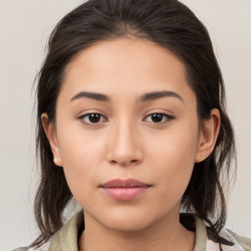 Joyful white young-adult female with medium  brown hair and brown eyes