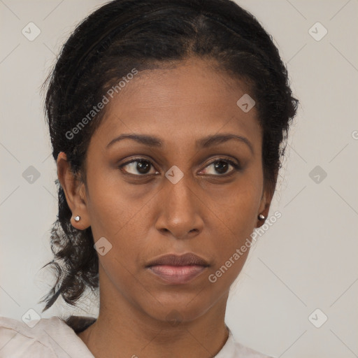 Neutral black young-adult female with medium  brown hair and brown eyes