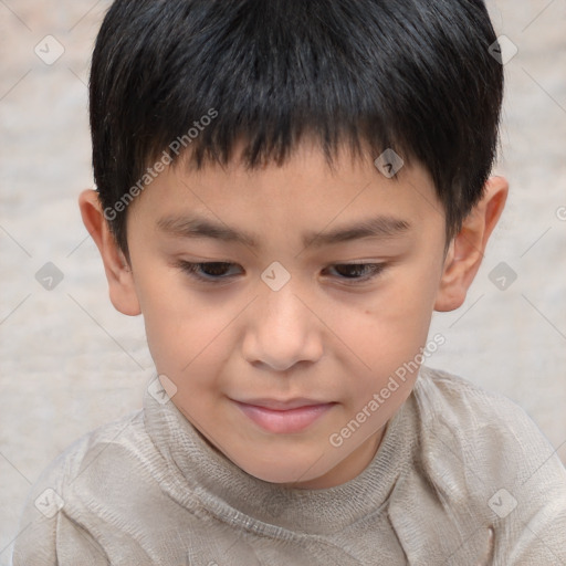 Joyful white child male with short  brown hair and brown eyes