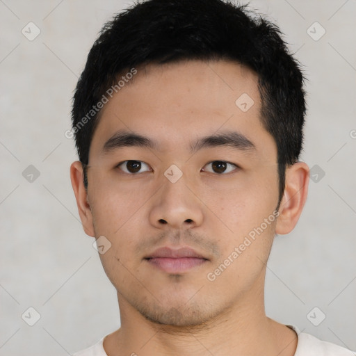 Neutral asian young-adult male with short  black hair and brown eyes