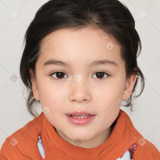 Joyful white child female with medium  brown hair and brown eyes