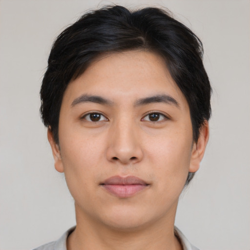 Neutral asian young-adult male with short  brown hair and brown eyes