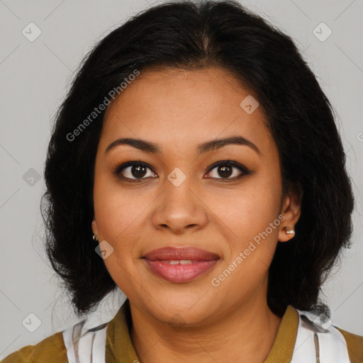 Joyful latino young-adult female with medium  brown hair and brown eyes