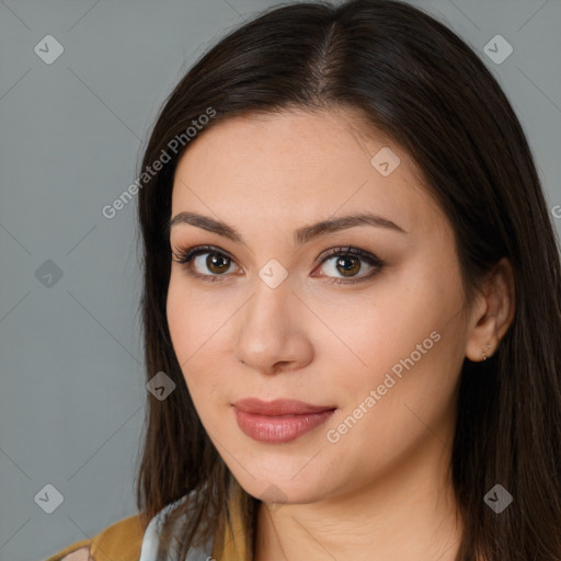 Neutral white young-adult female with long  brown hair and brown eyes