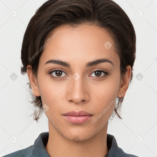 Neutral white young-adult female with medium  brown hair and brown eyes