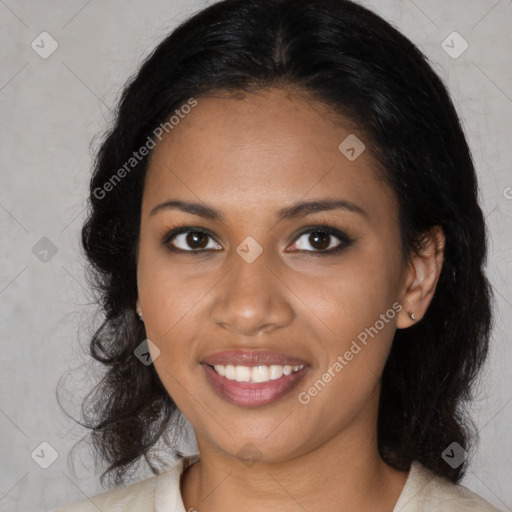 Joyful black young-adult female with medium  black hair and brown eyes