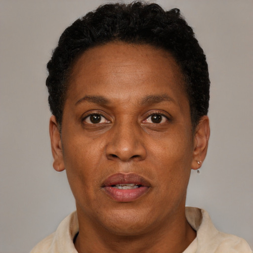 Joyful black adult female with short  brown hair and brown eyes
