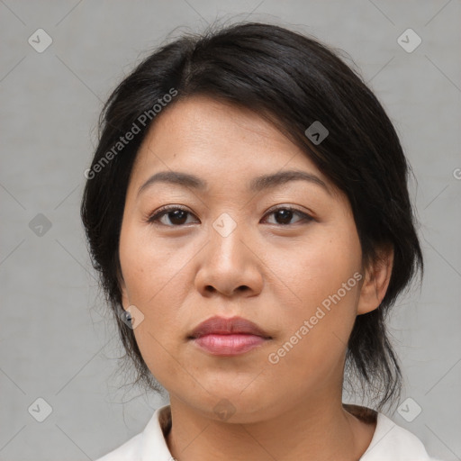 Neutral asian young-adult female with medium  brown hair and brown eyes