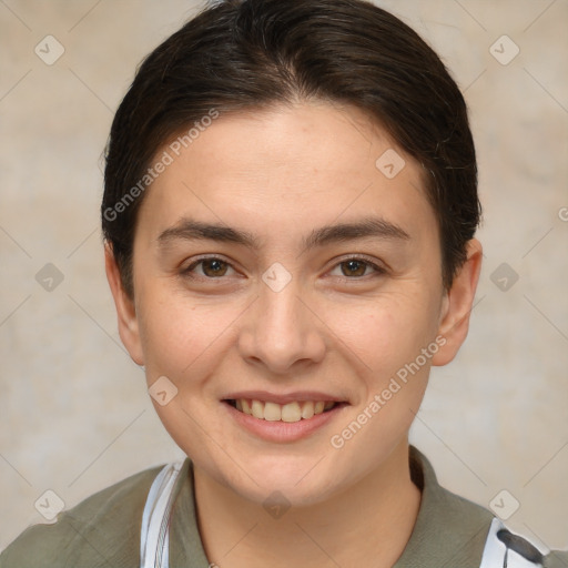 Joyful white young-adult female with short  brown hair and brown eyes