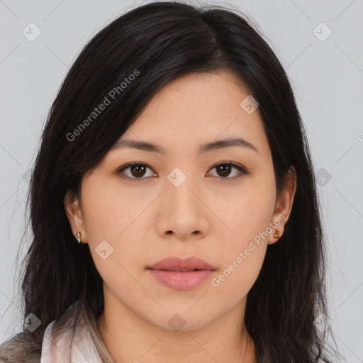 Neutral asian young-adult female with long  brown hair and brown eyes