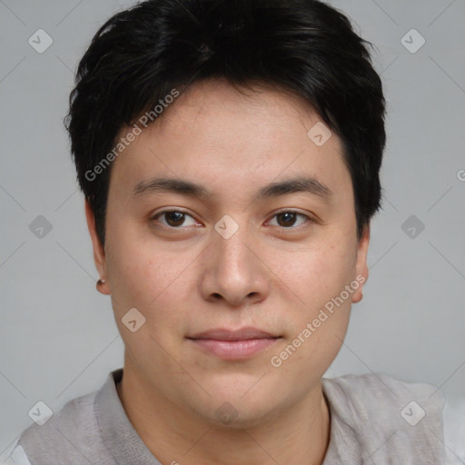 Joyful asian young-adult male with short  brown hair and brown eyes