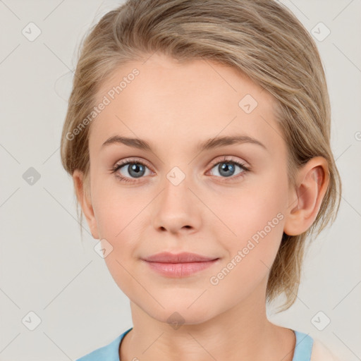 Joyful white young-adult female with medium  brown hair and blue eyes