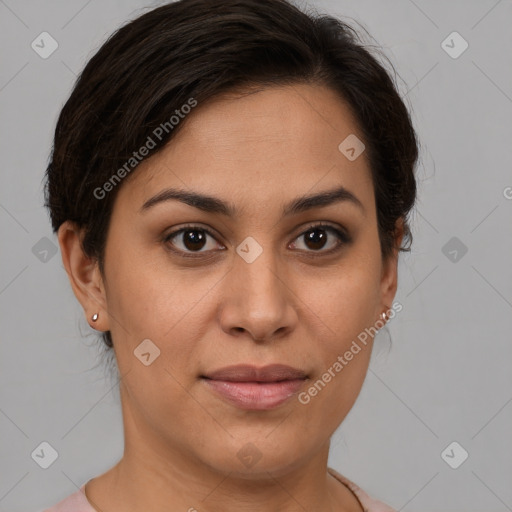 Joyful latino young-adult female with short  brown hair and brown eyes