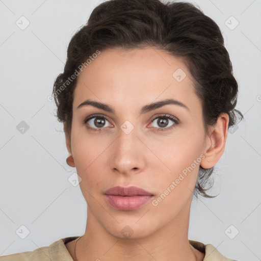 Neutral white young-adult female with short  brown hair and brown eyes