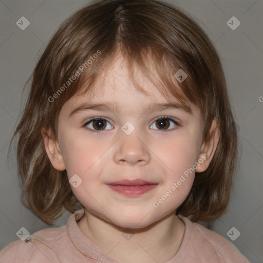 Joyful white child female with medium  brown hair and brown eyes