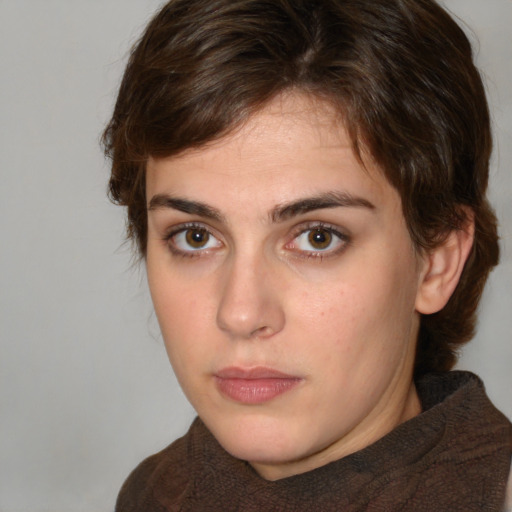 Neutral white young-adult female with medium  brown hair and brown eyes