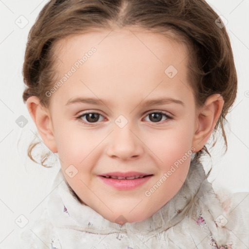 Joyful white child female with medium  brown hair and grey eyes