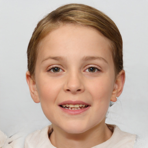 Joyful white child female with medium  brown hair and brown eyes