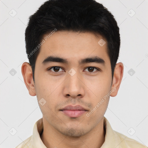 Neutral asian young-adult male with short  black hair and brown eyes