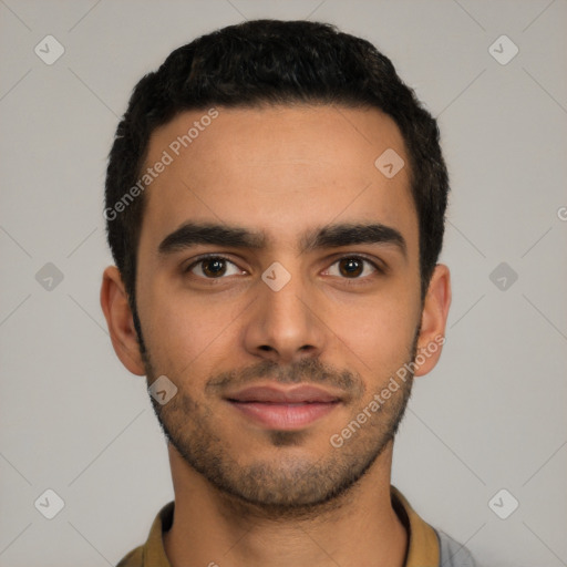 Neutral latino young-adult male with short  black hair and brown eyes