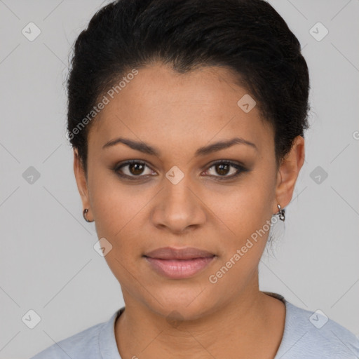 Joyful latino young-adult female with short  black hair and brown eyes