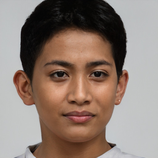 Joyful asian young-adult female with short  black hair and brown eyes