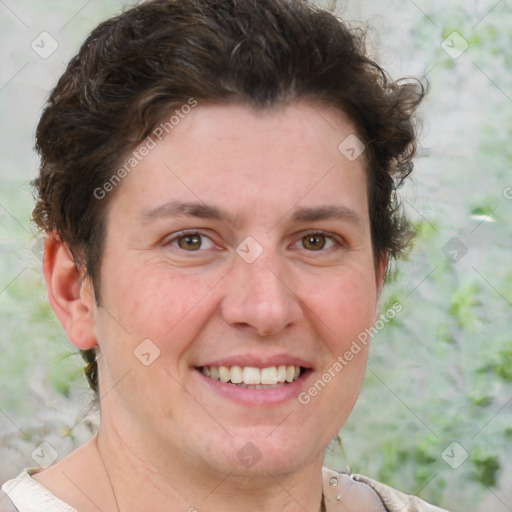 Joyful white adult female with short  brown hair and brown eyes